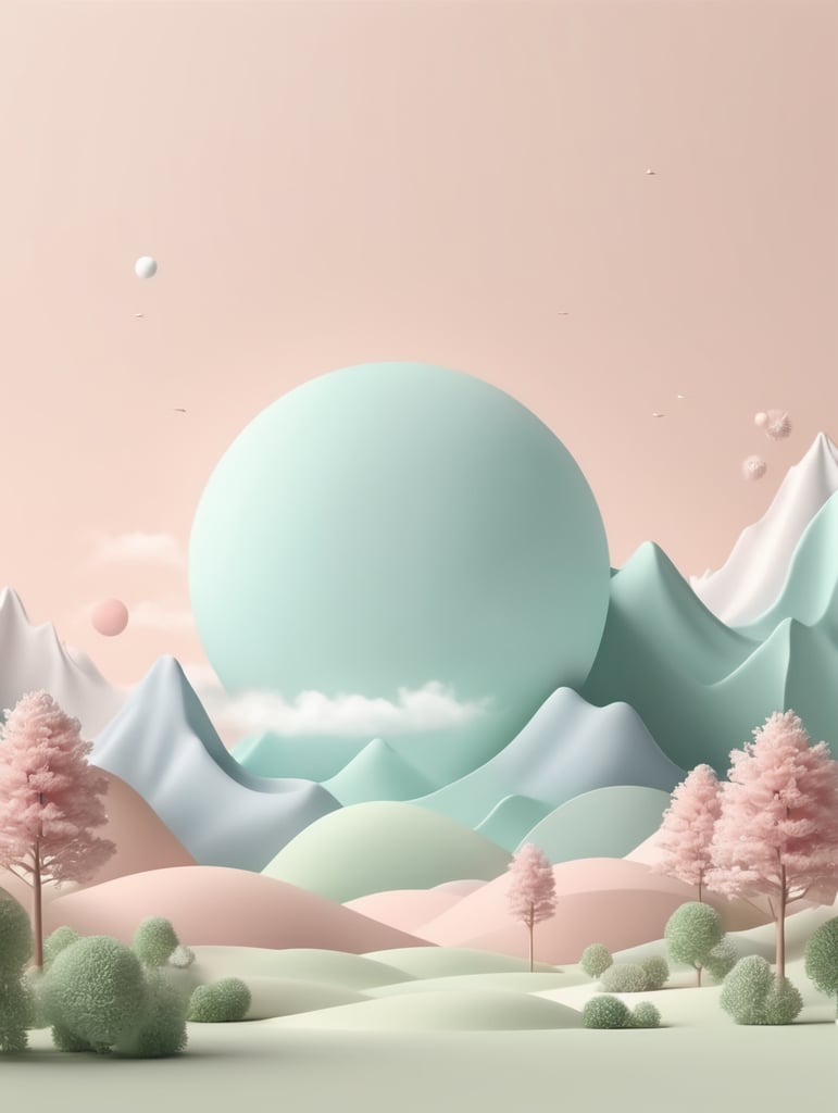 Abstract minimal advertise. dreamy landscape. 3D render copy space spring mockup, Cannon 5D, photorealistic, natural and pastel color, studio photography, studio lightening, HD, hyper realistic