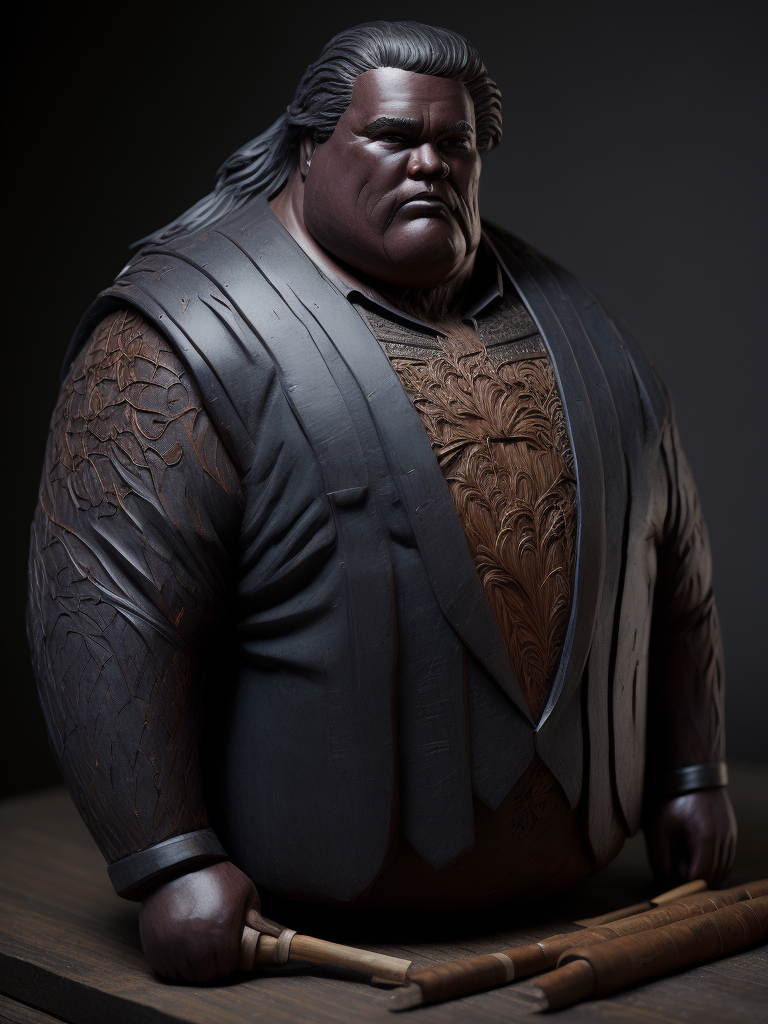 a fat american man carved from the dark reed wood, detailed, deep carving, handcrafted