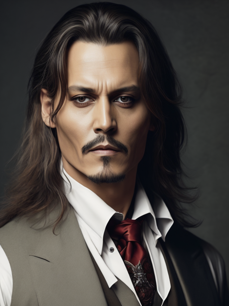 Portrait of Johnny Depp as Count Dracula, majestic look, long hair, he wears 18th-century style clothing, dark background, contrasting light, detailed face, muted tones