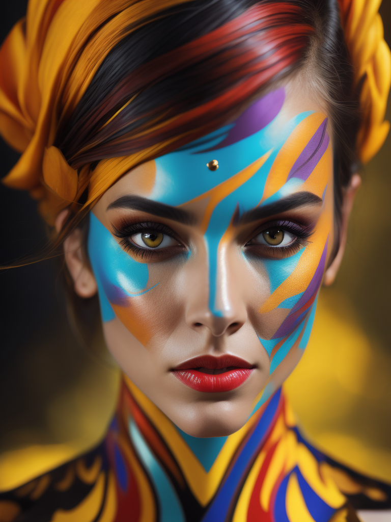 Portrait of Elizabeth Tabish, bright and saturated colors, elegant, highly detailed, vogue, fashion magazine, sharp focus, bright expressive makeup, dramatic lighting, depth of field, incredibly high detailed, blurred background