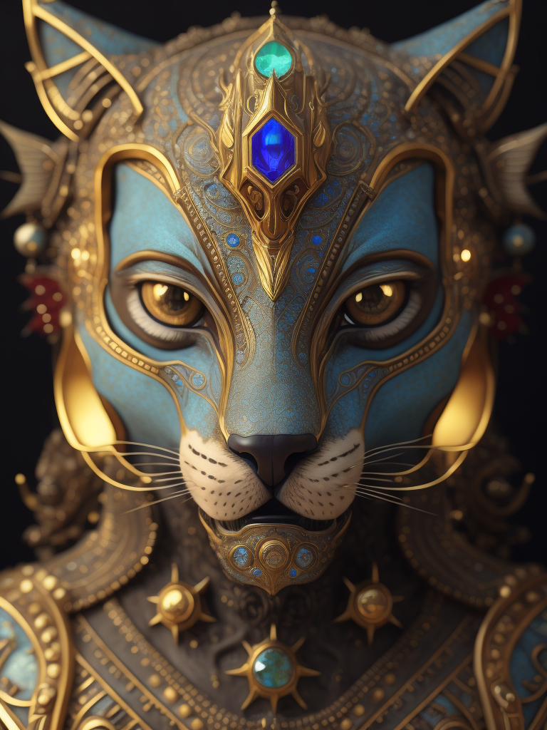 Masterpiece sculpture of an ornate bejeweled mechanical robot cat face, by annie swynnerton and diego rivera and nicholas roerich and jean delville, symbolist, dramatic lighting, god rays, elaborate geometric ornament, art brut, rich colors, smooth, sharp focus, extremely detailed, adolf wolfli and donato giancola