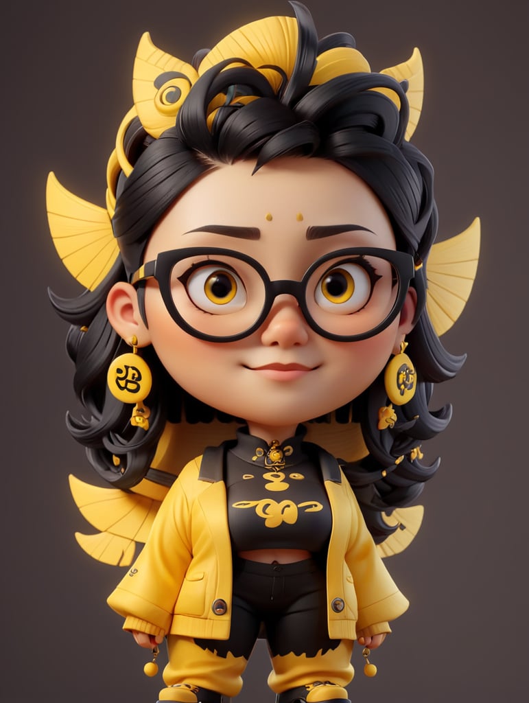 Chinese graphic designer, full body, creative, piercing, glasses, black and yellow colors