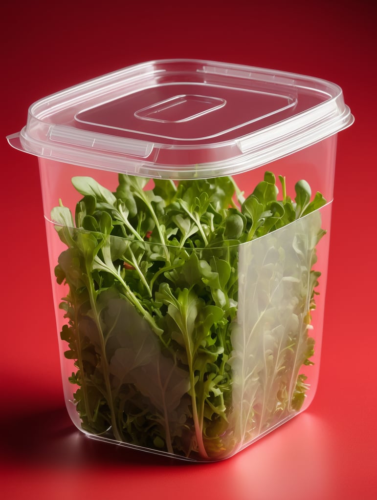blank Transparent Plastic Container with Arugula Salad, isolated, red background, Mockup, mock up