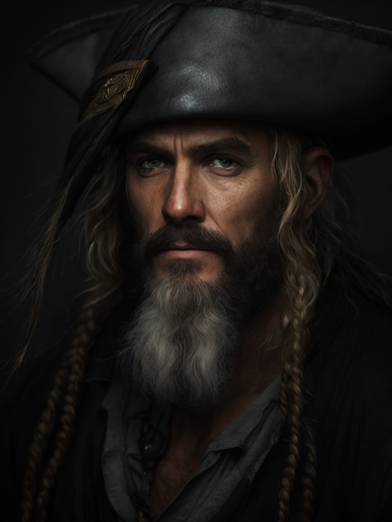 portrait of a pirate, serious look, wrinkles on the face, high-quality rendering, dark atmosphere, muted colors