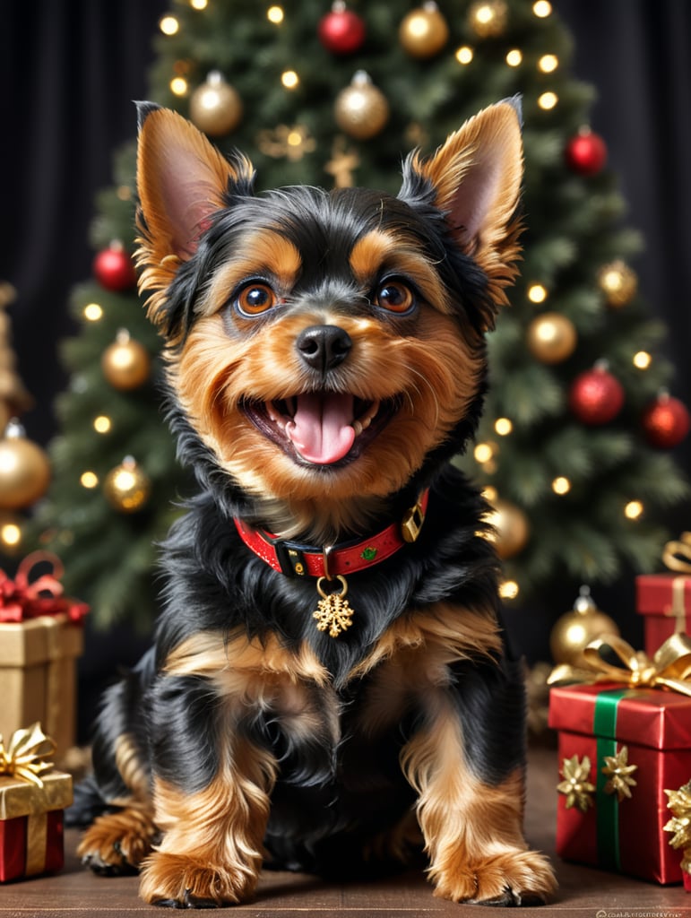 A Yorkshire terrier hair balck, eyes black smile expression, body black paw gold, background Christmas tittle “ROMITA