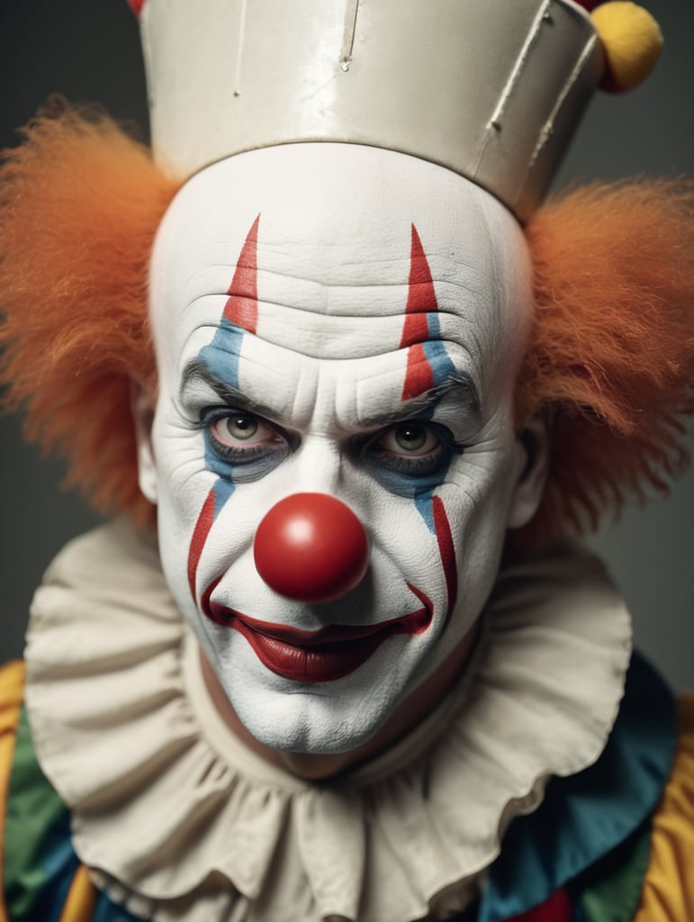 a clown looking into the camera