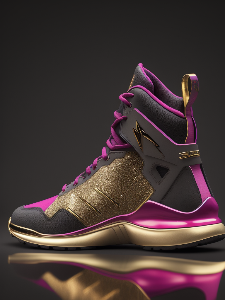 realistic photo of women sneaker shoes, 5 cm heel, with colors viva magenta, white and golden lines