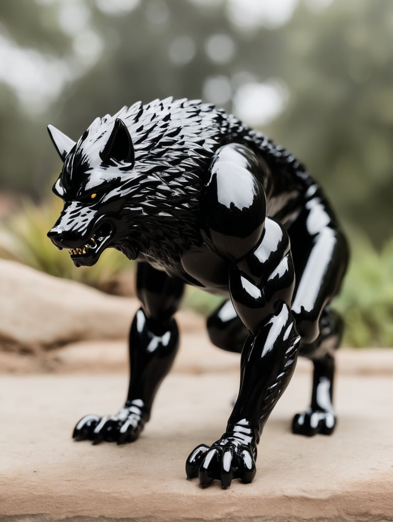 side view shiny black wolfman crawling