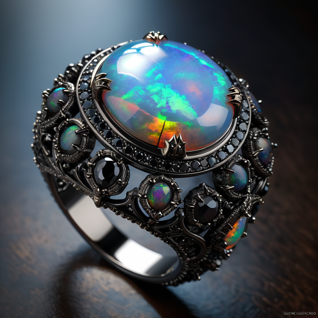 Драгоценное кольцо с австралийским опалом в готическом стиле, отделка мелкими черными бриллиантами