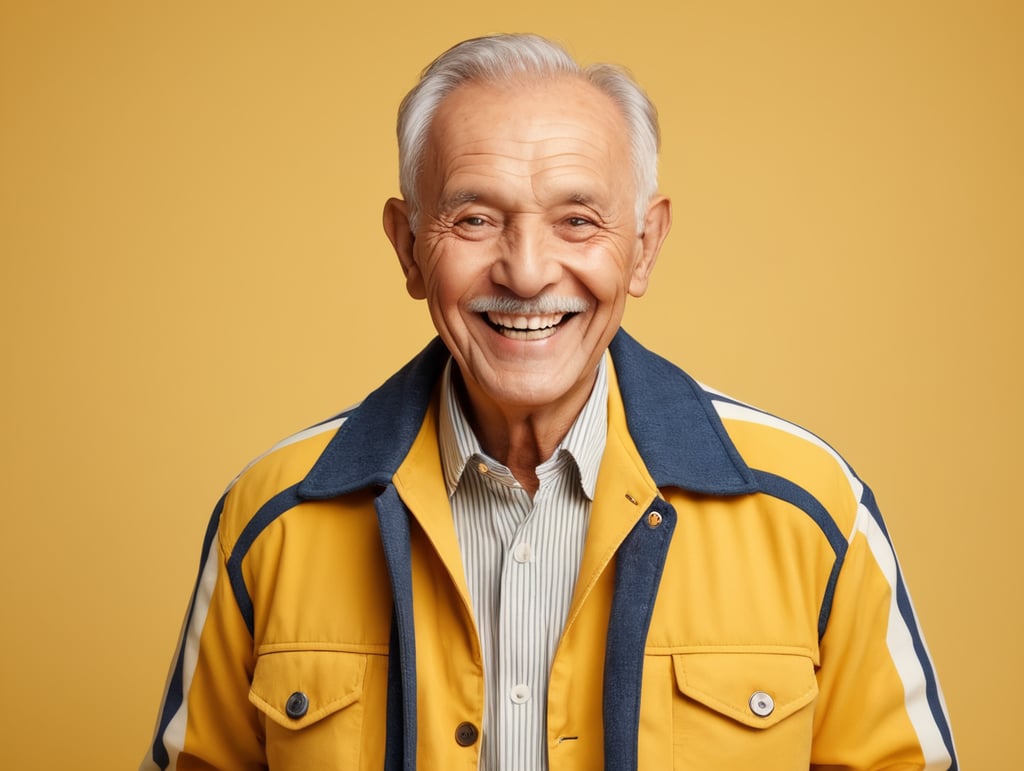 Smiling and cheerful old man in a striped jacket on an isolated yellow background