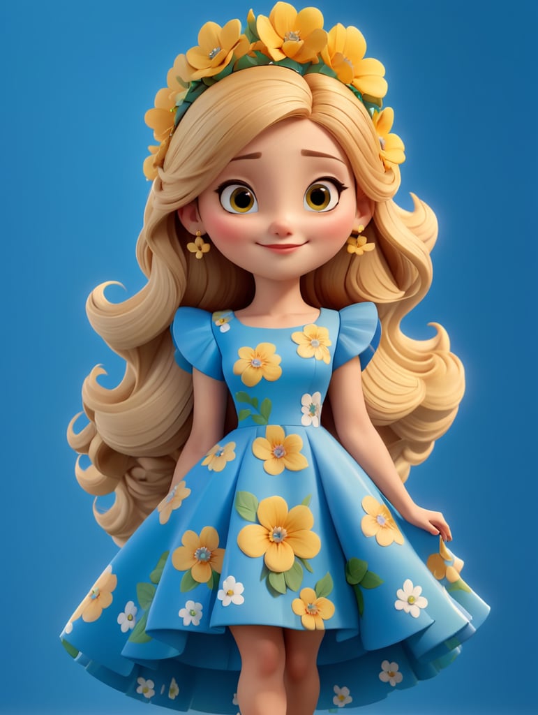 Female character with nice and clever face in modern flowered dress