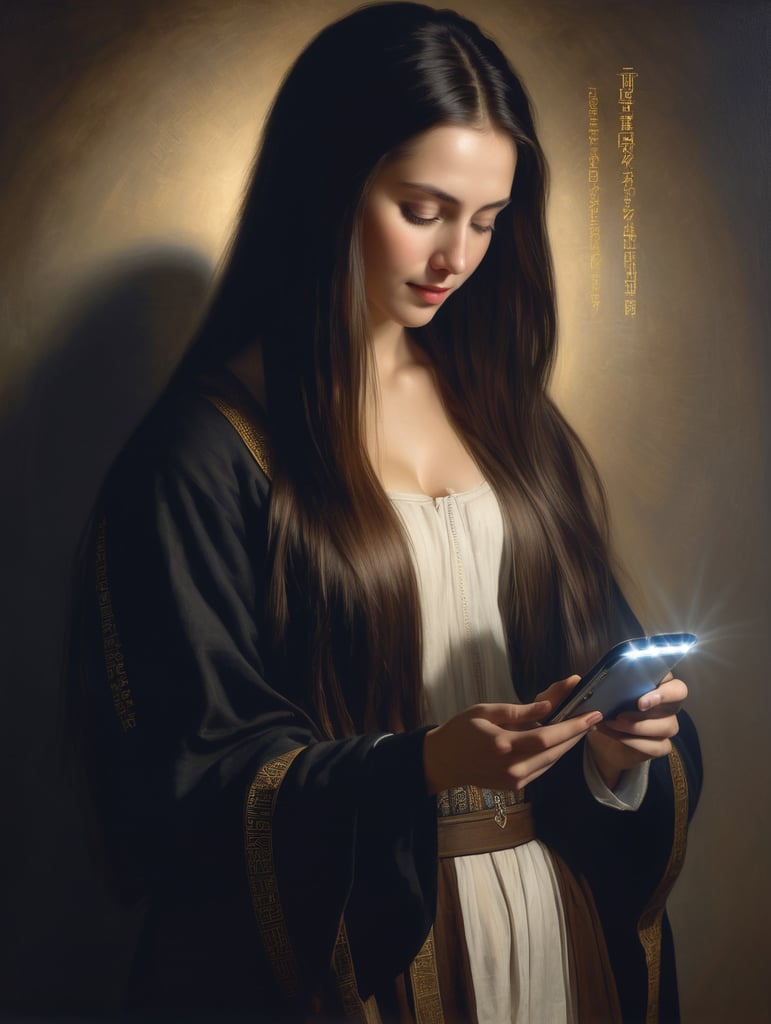 A masterpiece painting by Rembrandt Van Rijn of a saint young beautiful woman, with long straight hair, using an smartphone that lights up her face, an hebrew text coming out of it
