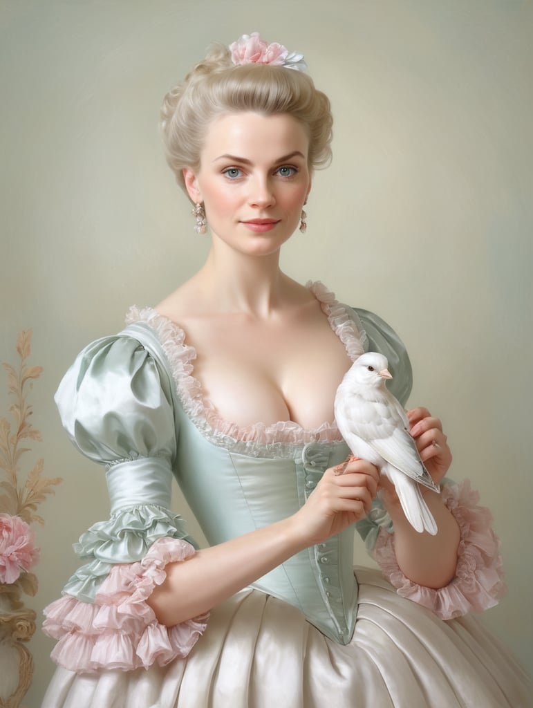 oil portrait painting of Marie-Emilie holding up a small bird Baudouin from François Boucher in the Rococo style, soft pastel colours and lots of fine details