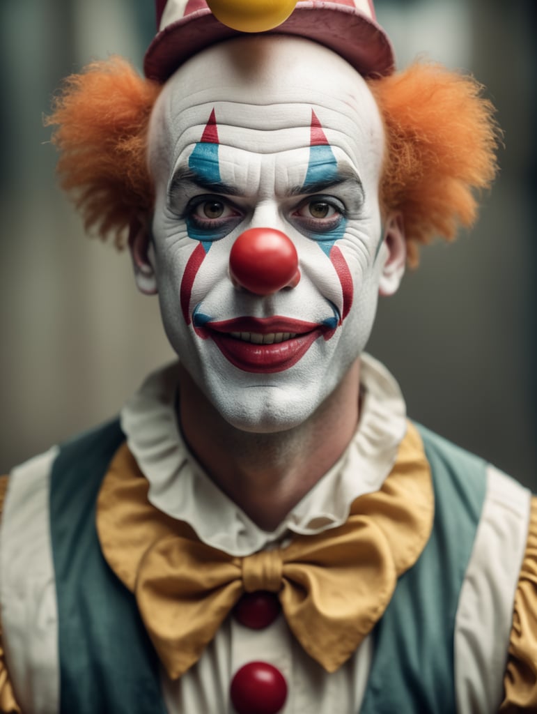 a clown looking into the camera