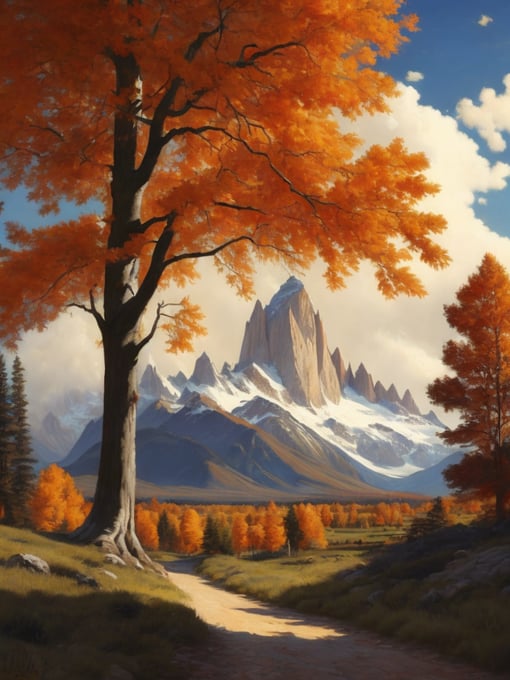 Painting by sargent and rhads and leyendecker and greg hildebrandt evening sky, low thunder clouds foothpath with trees at indian summer with zugspitze fitz roy in background, colours green, red, blue black and white