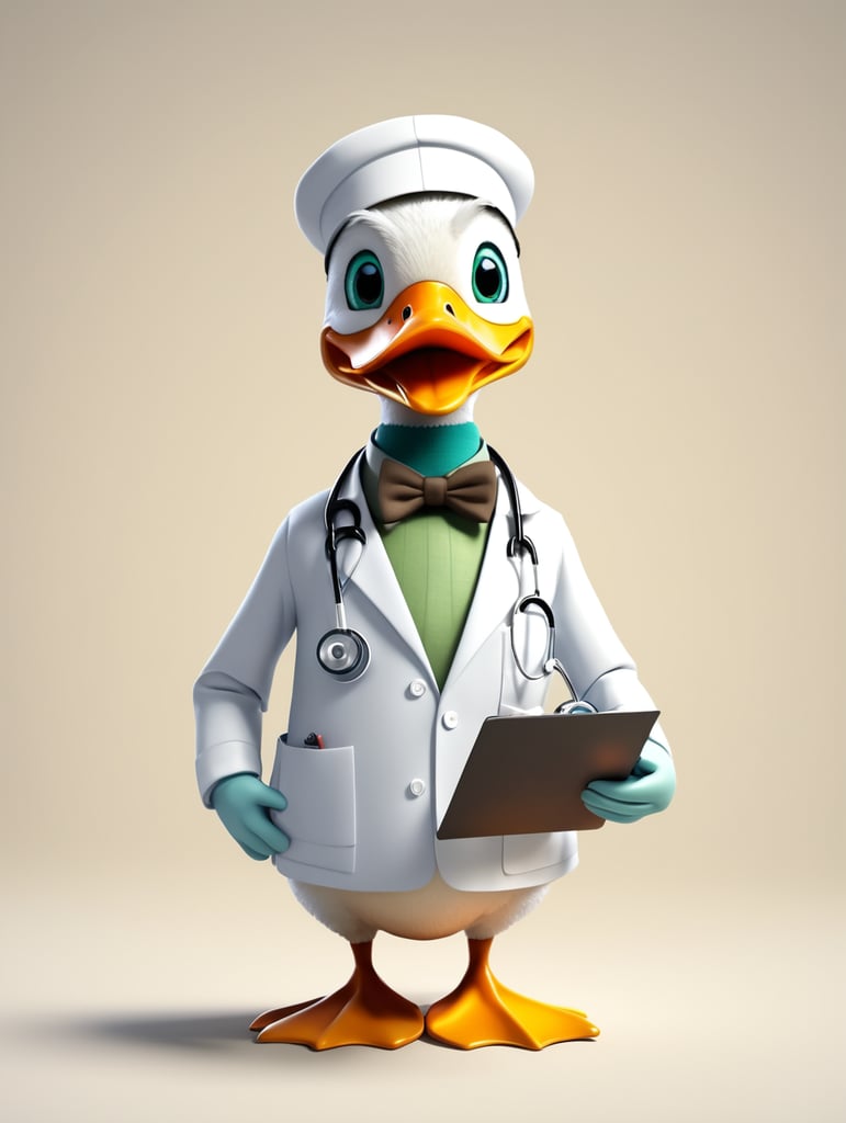 Generate a image of a duck being doctor, animated, solid background