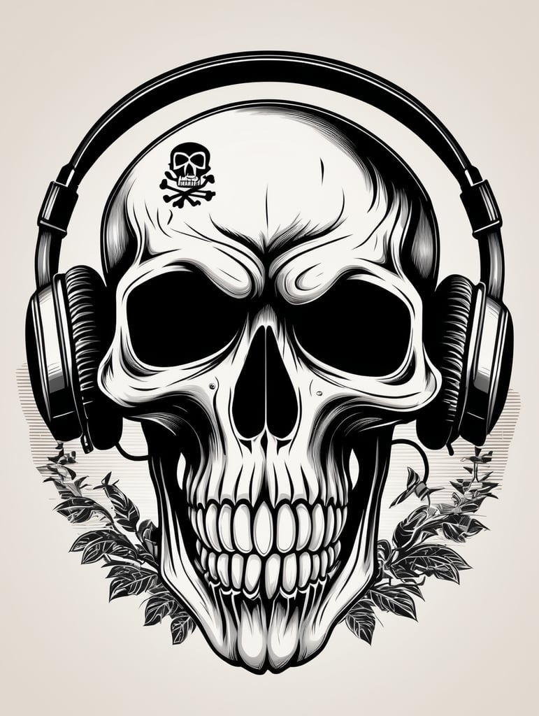 Black and white game over Skull Gaming Logo, vector illustration, vintage dead head or skull of gamer in headphones, vector image