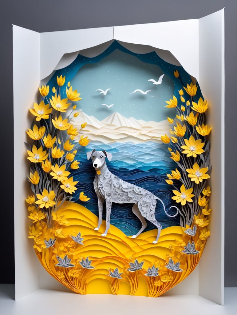 Grey Whippet dog surrounded by yellow flowers