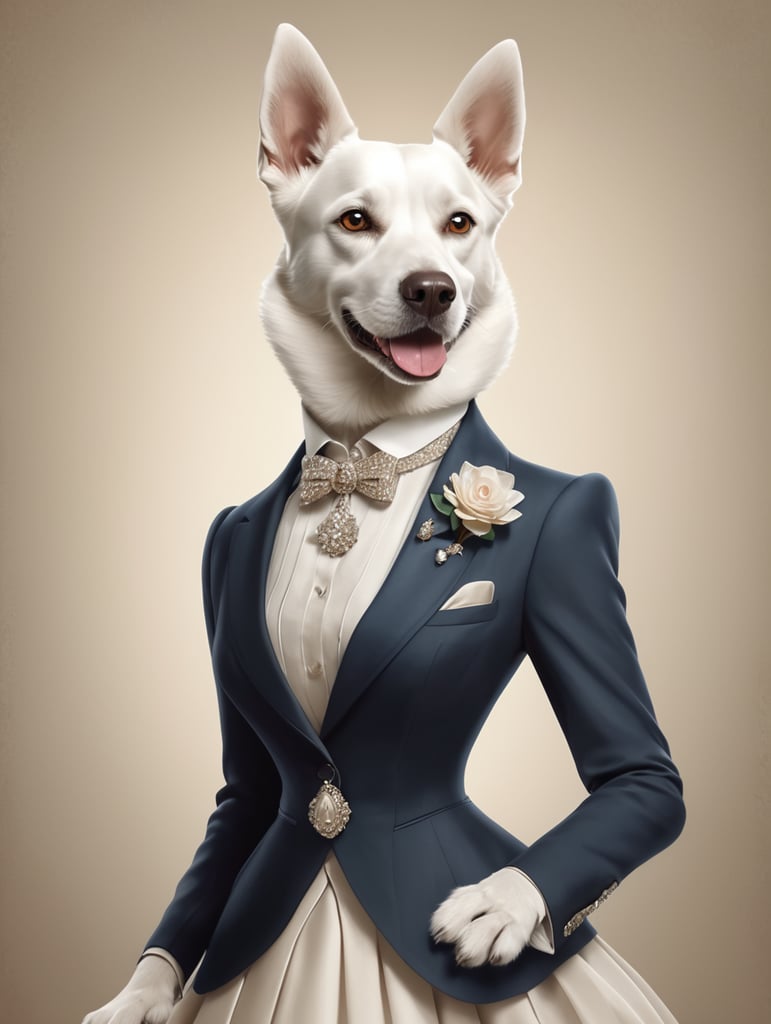 Generate an image of a female anthropomorphic dog exuding charm and allure, dressed elegantly in women's clothing that embodies the essence of the female. Ensure the portrayal captures elements of sophistication, and magnetism, evoking a strong emotional connection with the audience.