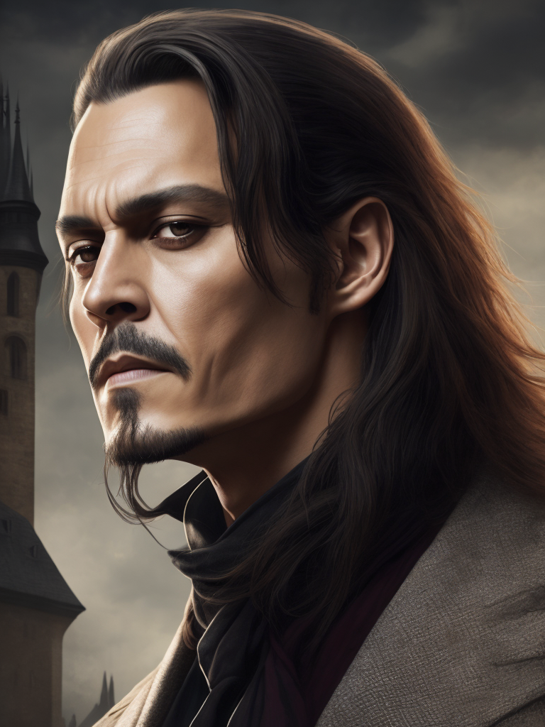 Portrait of Johnny Depp as Count Dracula, majestic look, long hair, mantle, against the backdrop of a medieval castle, detailed background, contrasting light, detailed face, muted tones