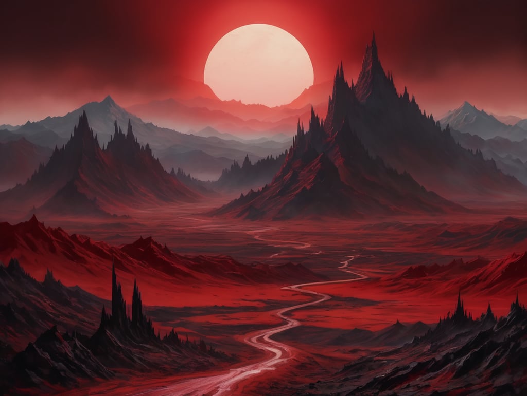 The gates of Hell stand open. Beyond them is a red wasteland, with black jagged mountains rising up to meet a black sky with a dark red sun.