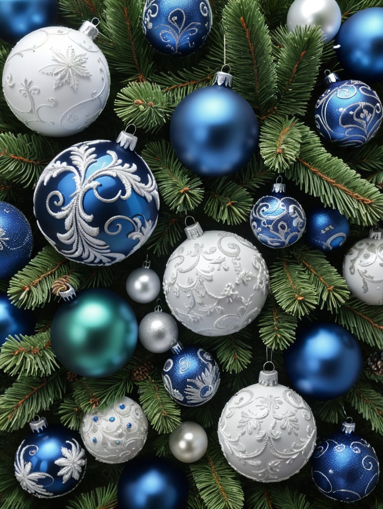 blue and white christmas balls of different sizes on green colored pine branches, top view