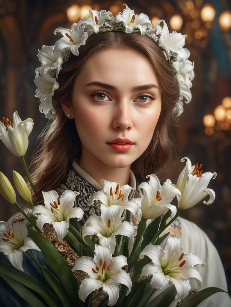 Lydia Vladimirovna Litvyak "White Lily of Stalingrad" intricately detailed, color depth, dramatic, side light, colorful background intricate details, beautifully shot, hyperrealistic, sharp focus, 64 megapixels, perfect composition, high contrast, cinematic, atmospheric, moody"