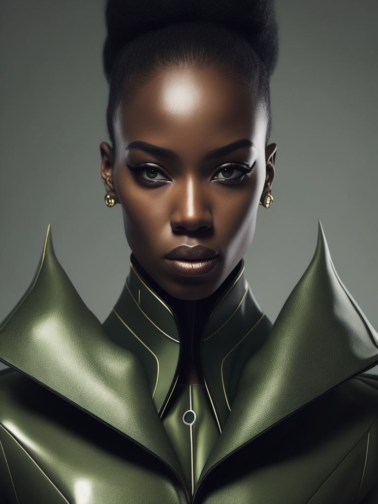 Serious black female model, looking diagonally, dressed in extravagant and vanguardist clothing, plastic and latex materials, abstract shapes, asymmetric techno ornaments, predominant green, 4k, medium shot, cinematic photography, Iris van Herpen style.