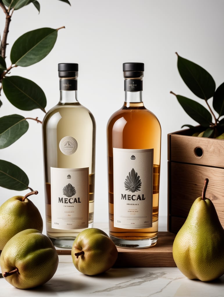 Packaging and branding for a mezcal brand as if it had been designed by HI ESTUDIO with In a set design with bricks, pears and dry leaves.