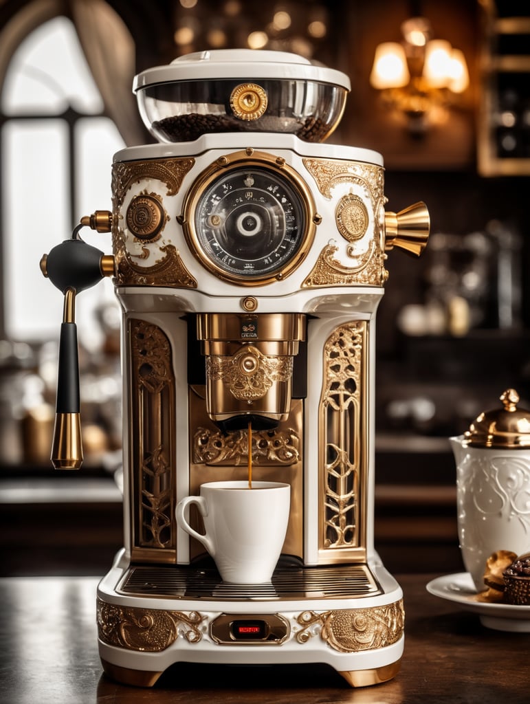 coffee maker made in steampunk style, decorated with gold, carved white plastic, ivory color, deep engraving