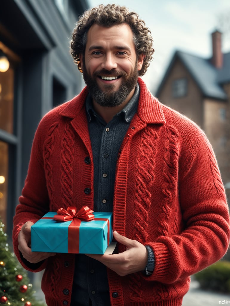portrait of a bearded curly man wearing red knitted jacket, stands front camera with gift box his hand, happy birthday images, spring time