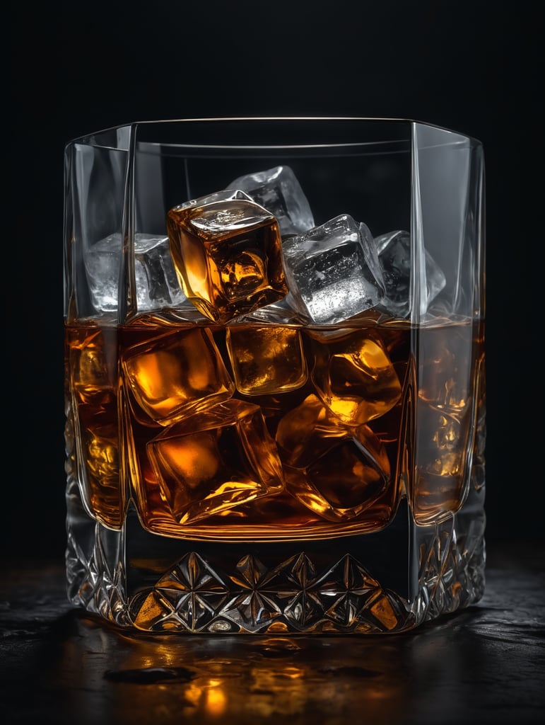 bottle of whisky with ice cubes, dark atmosphere, professional photo, amber lights
