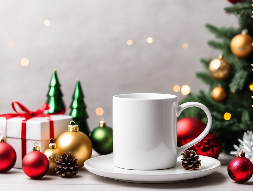 blank White ceramic mug, Christmas style photo, mock up, mockup