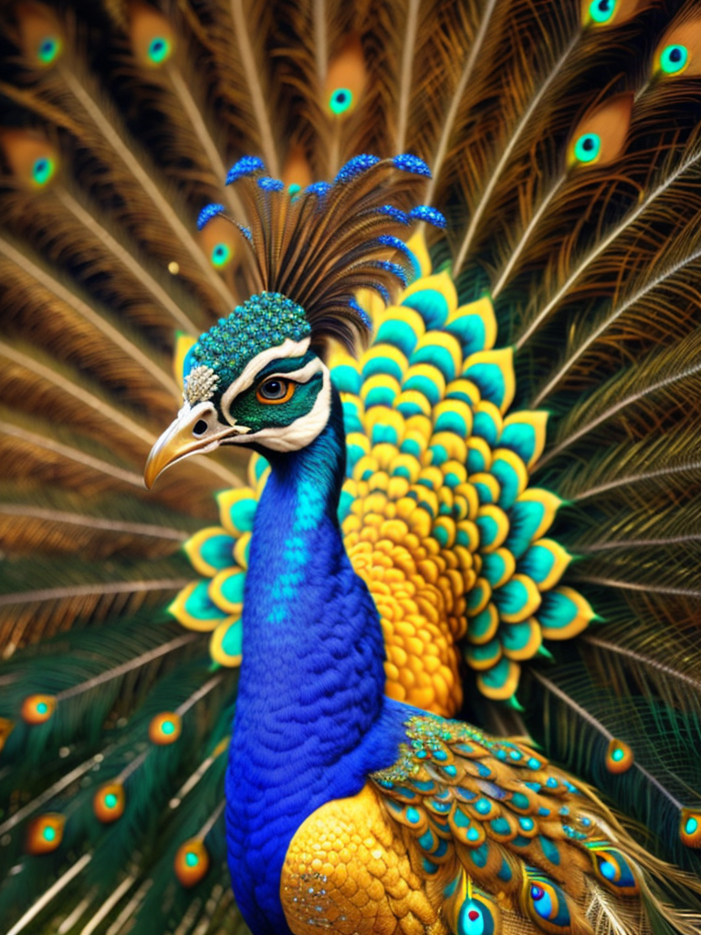 Magical king peacock wearing expensive jewelry that is magnificent, incredibly detailed, intricate, with brilliant bright shimmering sparkling glittering diamonds on glowing shining precious luminous gold, Royal rich luxurious