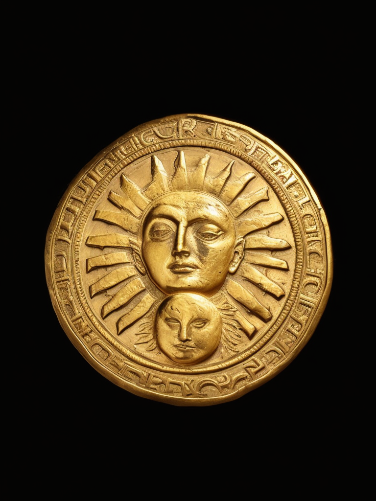 ancient gold carved coin with sun face, deep carved gold