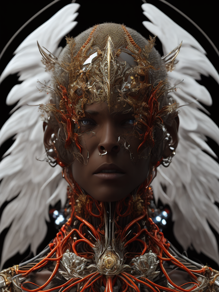 Complex 3d render ultra detailed of a beautiful profile angel, biomechanical cyborg, analog, 150 mm lens, beautiful natural soft rim light, big leaves and stems, roots, fine foliage lace, colorful details, samourai, boris bidjan saberi outfit, pearl earring, piercing, art nouveau fashion embroidered, intricate details, mesh wire, mandelbrot fractal, anatomical, facial muscles, cable wires, microchip, badass, hyper realistic, ultra detailed, octane render, volumetric lighting, red and white with a bit of black, detailled metalic bones, semi human, iridescent colors, glenn brown style, black background