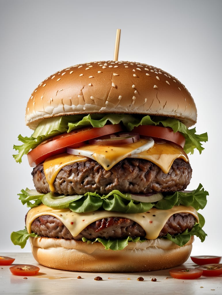 an appetizing burger with lettuce, tomato and melted cheese, ultra hd, isolated, hyper realistic, detailed,
