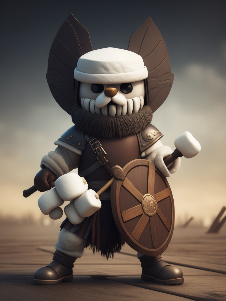 Cute marshmallow warrior illustration holding a wooden fork and a wooden shield