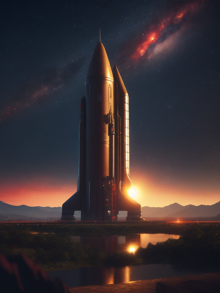 very high quality launch pad with space ship with red landscape and starry sky