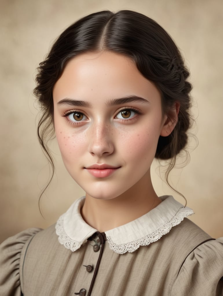 Early Nineteenth century nineteen year old girl, dark brown eyes, small heart shaped face with high cheekbones and fair skin with freckles with dainty nose