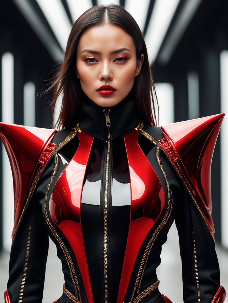 fashion shoot portrait of extremely beautiful female wearing massively over size black red futuristic slim fim suit black gold jacket by craig green, dingyun zhang, yeezy, balenciaga, vetements, sharp focus, clear, detailed, , cinematic, detailed, off white, glamourous, symmetrical, vogue, editorial, fashion, magazine shoot, glossy