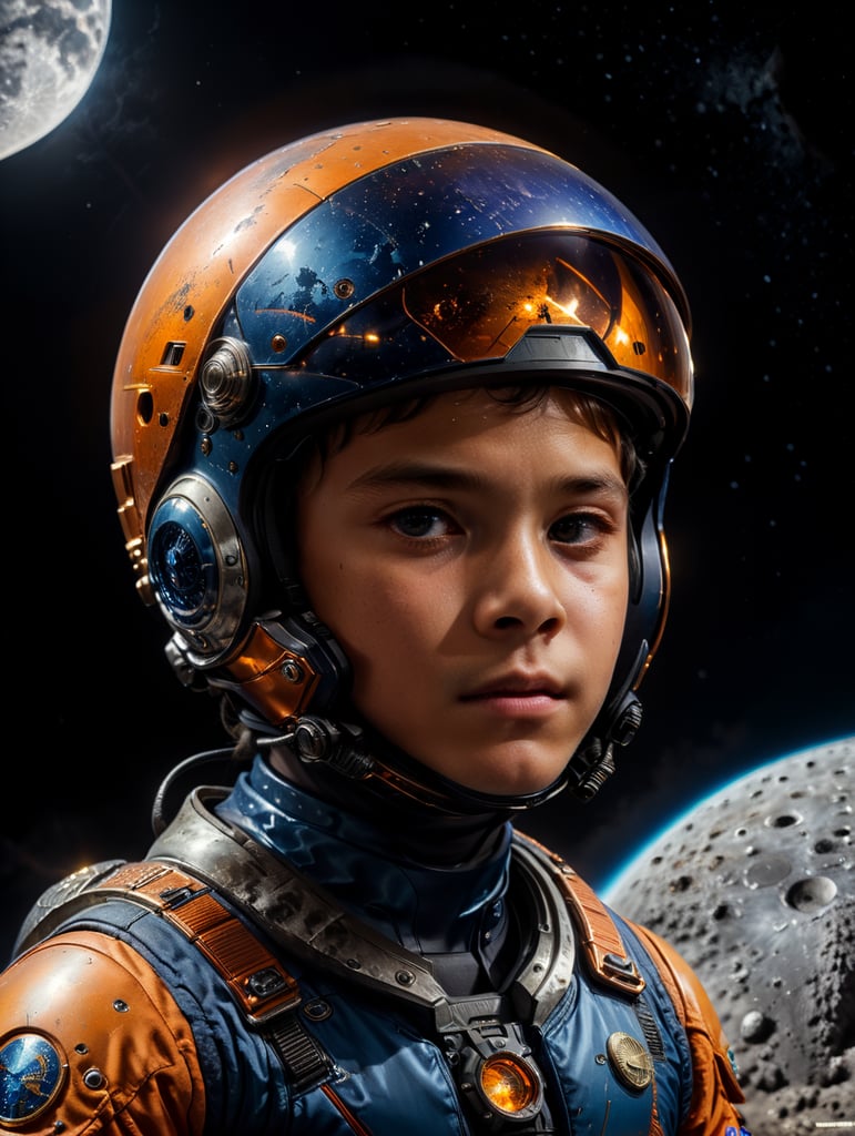 pre teen boy in blue and orange space suit and helmet sitting on a small moon in outer space.