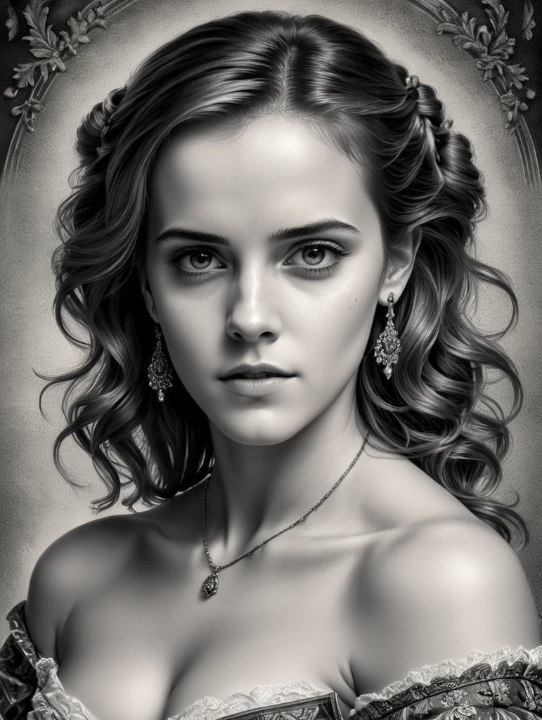 emma watson portrait as art engraving hendrick goltzius classic woman beauty vintage historical fine art black and white