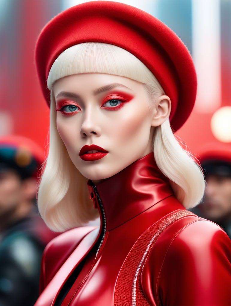 An ethereal albino pop artist in a red sleek futuristic outfit, with a wool beret, light makeup with depth of field, fantastical edgy and regal themed outfit, captured in vivid colors, embodying the essence of fantasy, minimalist, photography 8k resolution image.