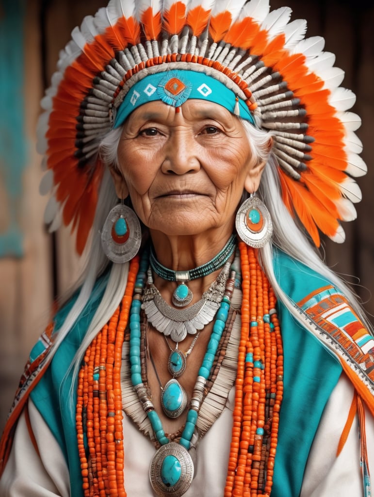 native american old woman is dressed in national clothes and jewelry, white hair, orange and turquoise colors, bright colors, high detail of the image,