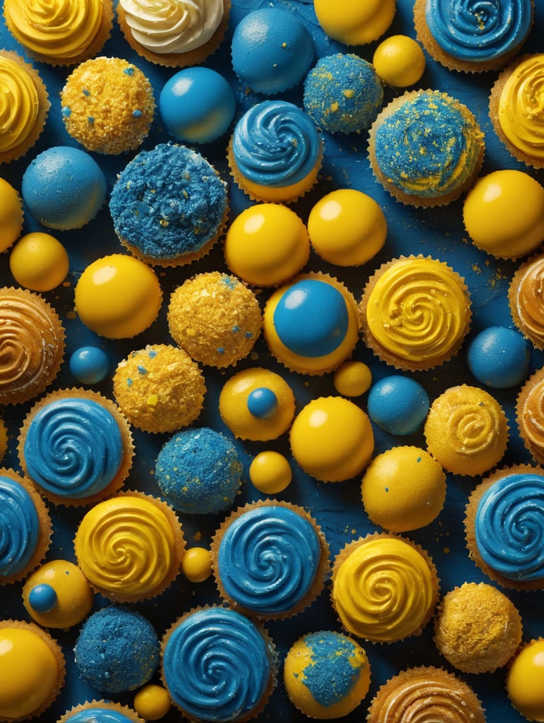 Generate abstract shapes inspired by piping tips, candy textures, and confectionery elements for the construction of a bakery's brand. Incorporate the vibrant palette of strong yellow and mid-tone blue. Avoid direct replication of existing words or elements in this prompt.