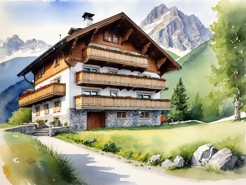 Watercolour sketch of a mountain Austrian chalet