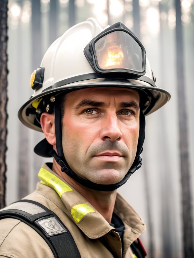 epic portrait of a Firefighter, forest fire, British Columbia Wildfire, Canada