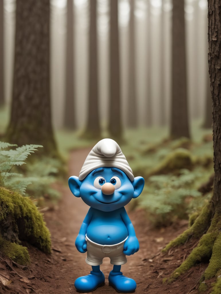 smurf grumpy face walking in beautiful forst