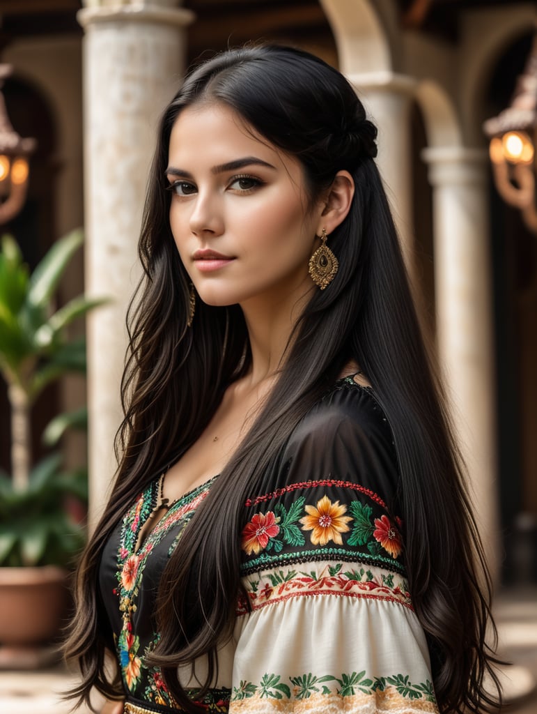 uma linda garota branca com cabelos lisos compridos e pretos ela veste um lindo vestido em um ambiente mexicanos
